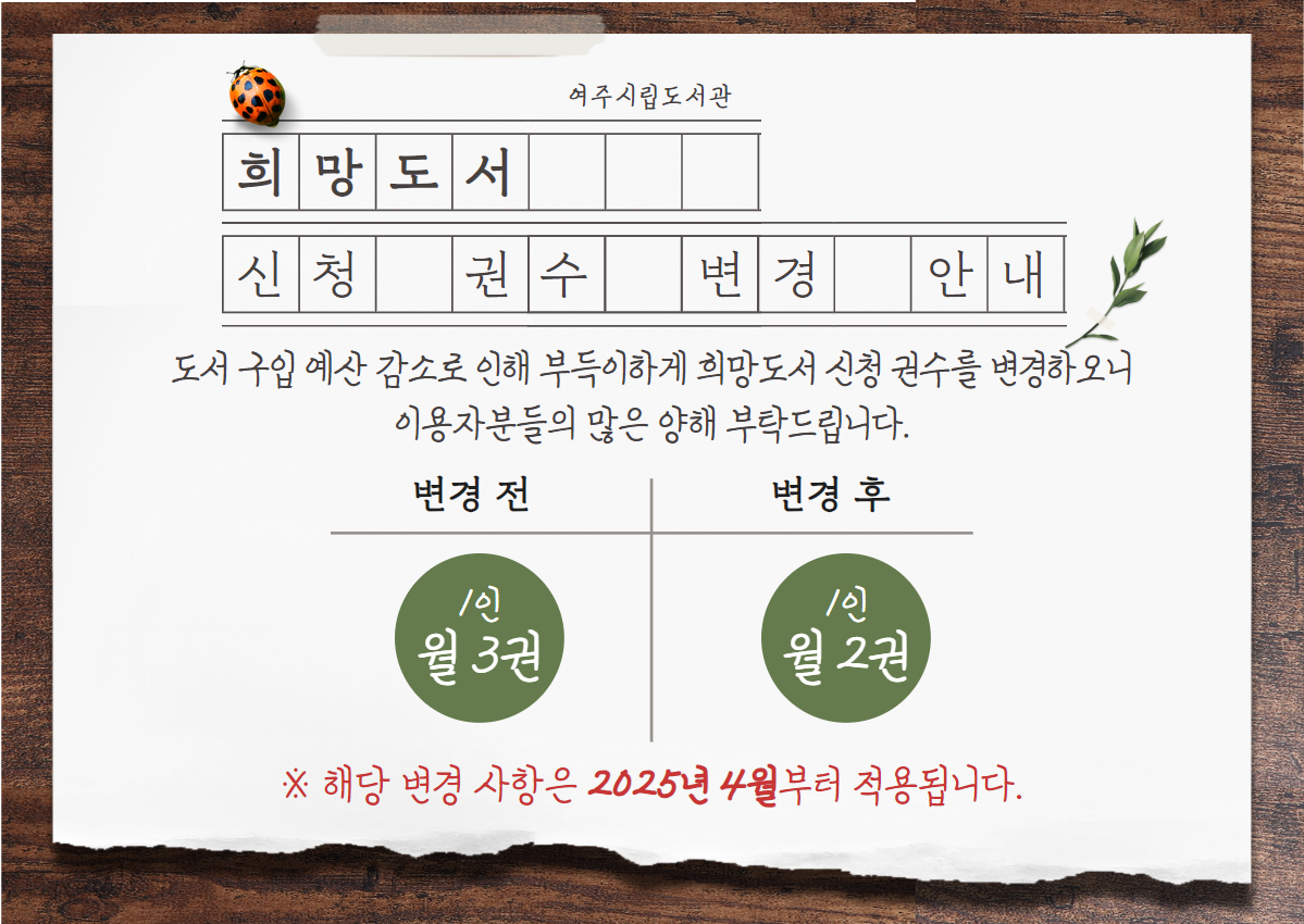 희망도서 신청 권수 변경 안내