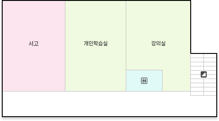 북내작은도서관 2층 : 계단 올라온 기준 우측 강의실, 화장실, 개인학습실, 서고 위치