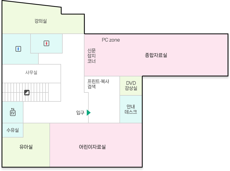 금사도서관 3층 : 3층 올라오는 계단 기준 정면 입구, 신문잡지코너, 종합자료실, PC Zone, 프린트·복사 검색, DVD감상실, 안내데스크 위치 / 3층 계단 올라온 기준 좌측, 강의실, 남녀화장실 위치 / 3층 계단 올라온 기준 우측 엘리베이터, 수유실, 유아실, 어린이자료실 위치