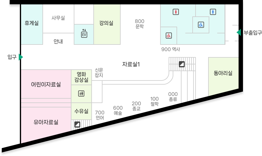 흥천도서관 1층 : 입구 들어온 기준 좌측 휴게실, 안내데스크, 사무실, 엘리베이터, 강의실, 화장실, 800문학, 900역사 위치 / 입구 들어온 기준 우측 어린이자료실, 영화감상실, 수유실, 어린이화장실, 유아자료실, 계단, 신문잡지, 700언어, 600예술, 200종교, 100철학, 000총류, 동아리실 위치 / 정면 우측 끝 부출입구 위치