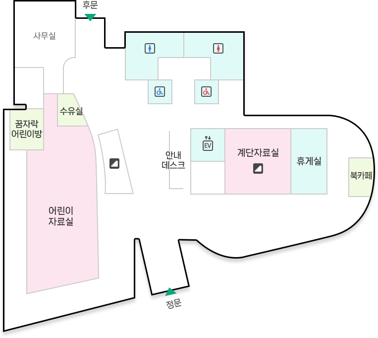 여주기적의도서관 1층 : 정문 들어온 기준 정면 안내데스크, 계단, 후문 위치 / 정문 들어온 기준 좌측 어린이자료실, 수유실, 꿈자락어린이방, 사무실 위치 / 정문 들어온 기준 우측 엘리베이터, 계단자료실, 휴게실, 북카페, 화장실 위치