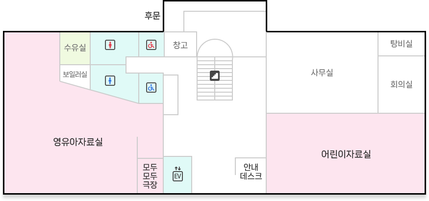 세종도서관 2층 : 계단 올라온 기준 전방 엘리베이터, 안내데스크 위치 / 계단 올라온 기준 우측 영유아자료실, 남녀화장실, 장애인화장실, 수유실 위치 / 계단 올라온 기준 좌측 어린이자료실, 사무실, 탕비실, 회의실 위치