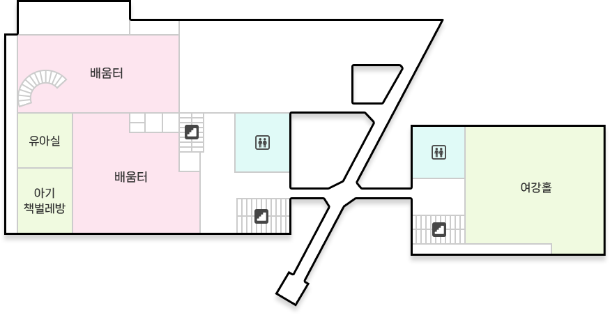여주도서관 2층 : 좌측 계단 기준 배움터, 유아실, 아기책벌레방, 유아실, 좌측 화장실 위치 / 우측계단 기준 여갈홀, 우측 화장실 위치