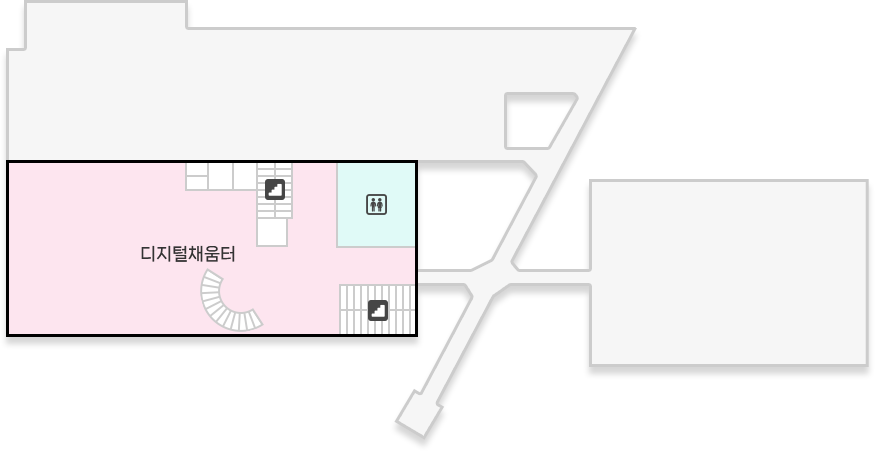 여주도서관 4층 : 계단 기준 디지털채움터 위치, 우측 화장실 위치